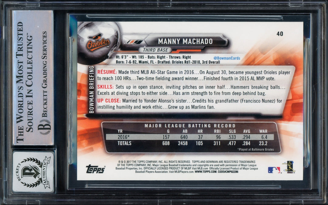 Manny Machado Signed 2017 Bowman Card 40 Orioles Auto GM 10 Beckett #16542443