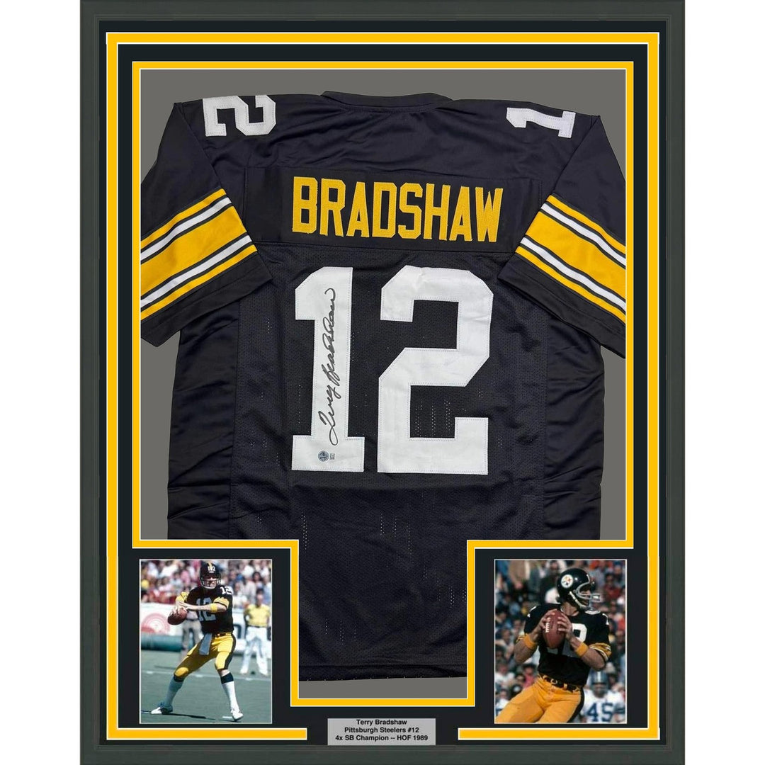 Framed Autographed/Signed Terry Bradshaw 35x39 Pittsburgh Black Jersey COA