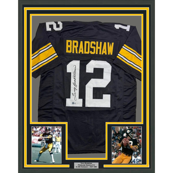 Framed Autographed/Signed Terry Bradshaw 35x39 Pittsburgh Black Jersey COA