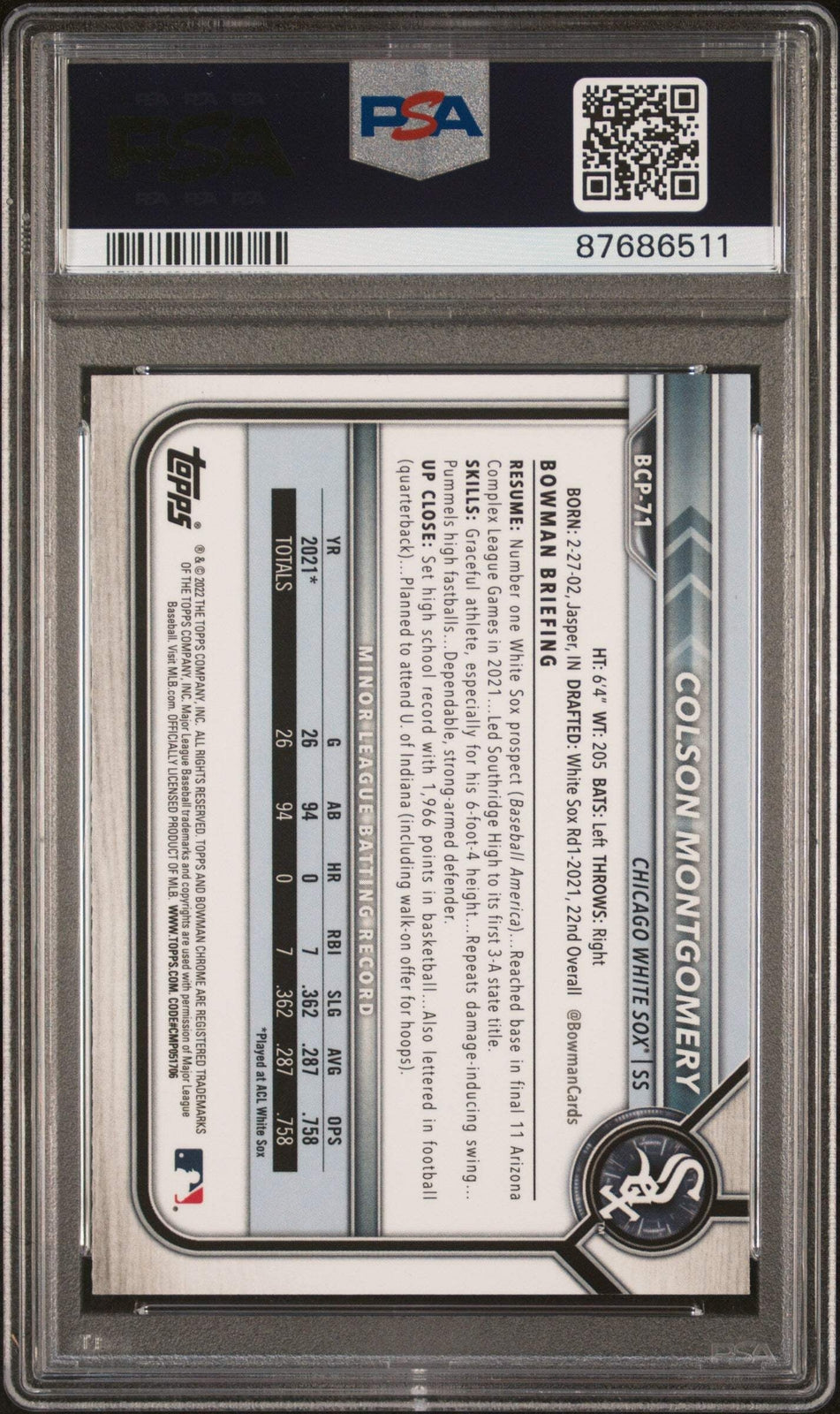 Graded 2022 Bowman Colson Montgomery #BCP71 Chrome Pros RC Baseball Card PSA 10