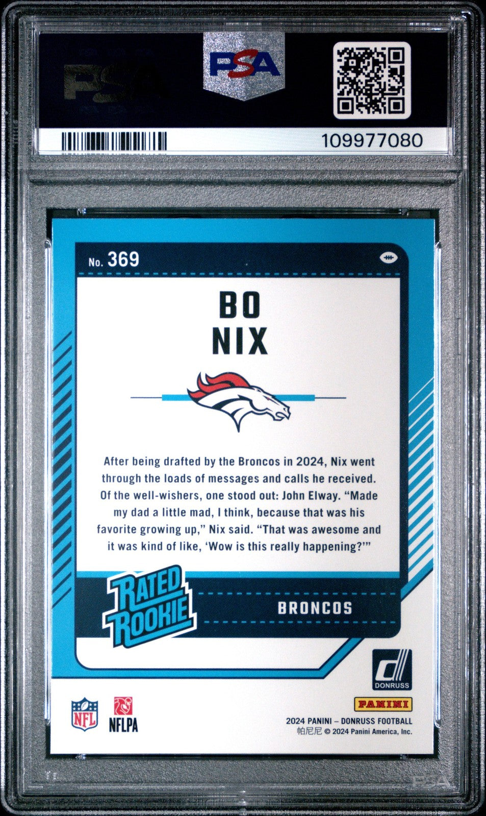 Graded 2024 Panini Donruss Bo Nix #369 Rookie RC Card PSA 10 Gem Mint