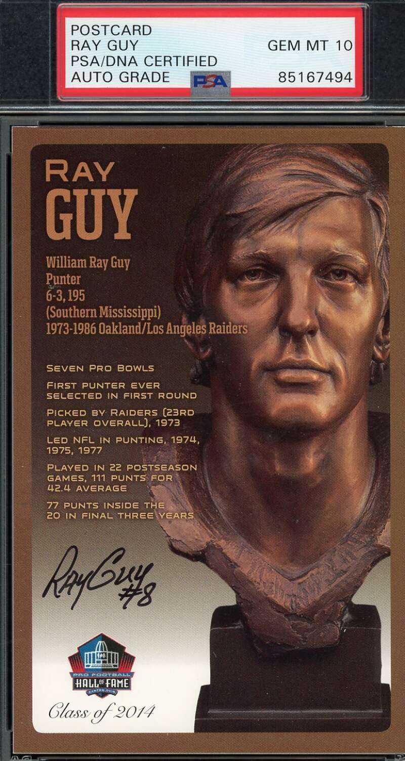 Ray Guy Gem Mint 10 PSA DNA Signed HoF Bronze Bust Postcard /150 Autograph