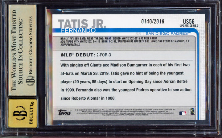 Fernando Tatis Jr. Signed 2019 Topps Update Gold RC US56 BGS 9.5 Sig 10 Beckett