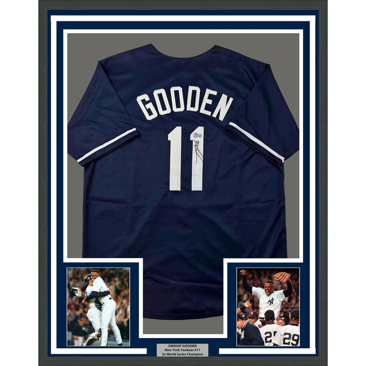 Framed Autographed/Signed Dwight Doc Gooden 33x42 New York Blue Jersey COA
