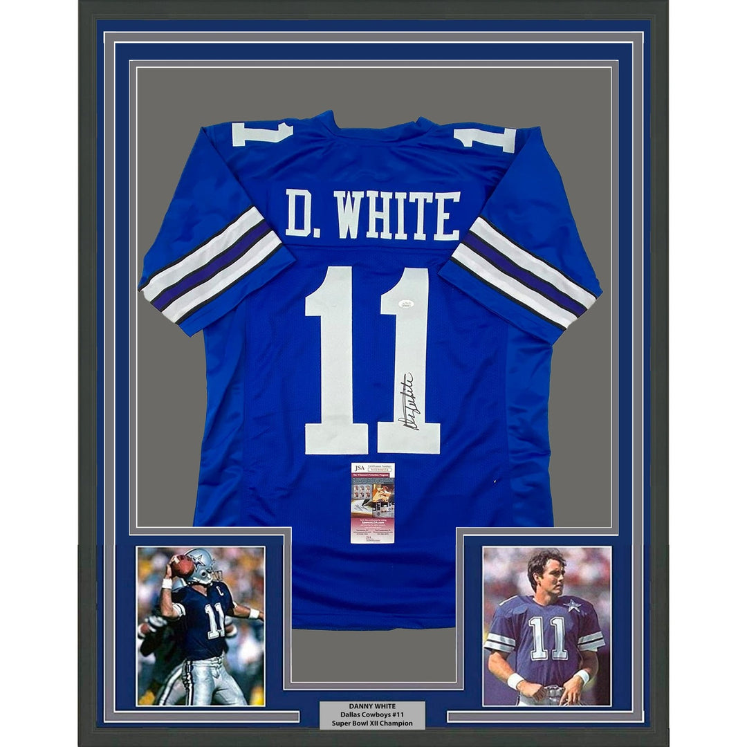 Framed Signed Danny White 35x39 Dallas Retro Blue Jersey JSA COA