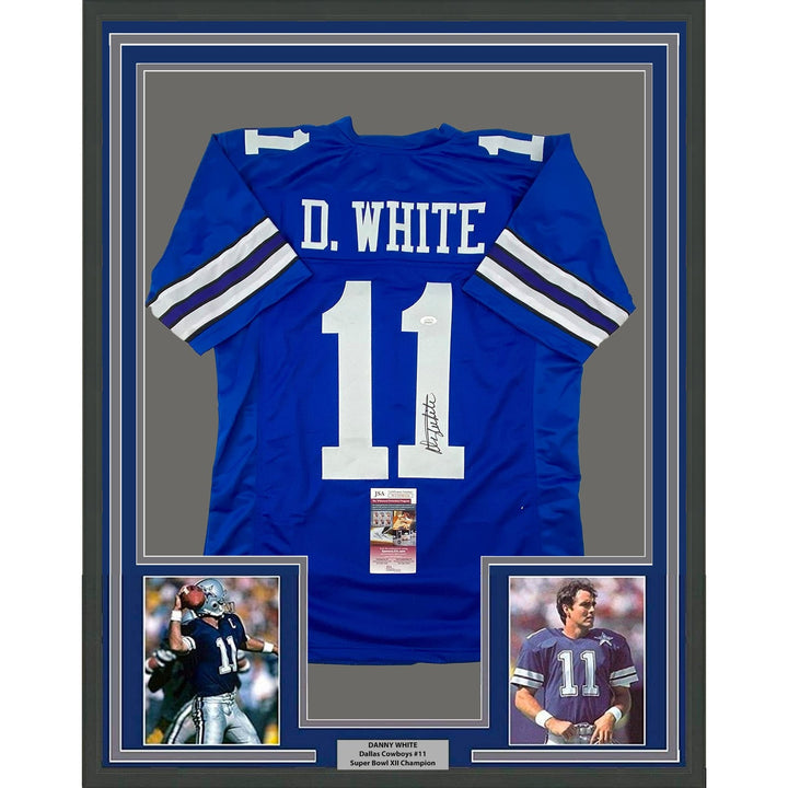 Framed Signed Danny White 35x39 Dallas Retro Blue Jersey JSA COA