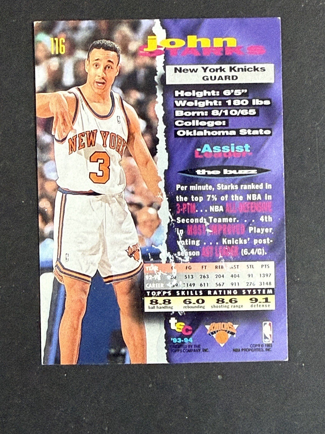 JOHN STARKS Ny Knicks Signed 1994 /95 Topps Stadium The Dunk Auto Steiner Coa