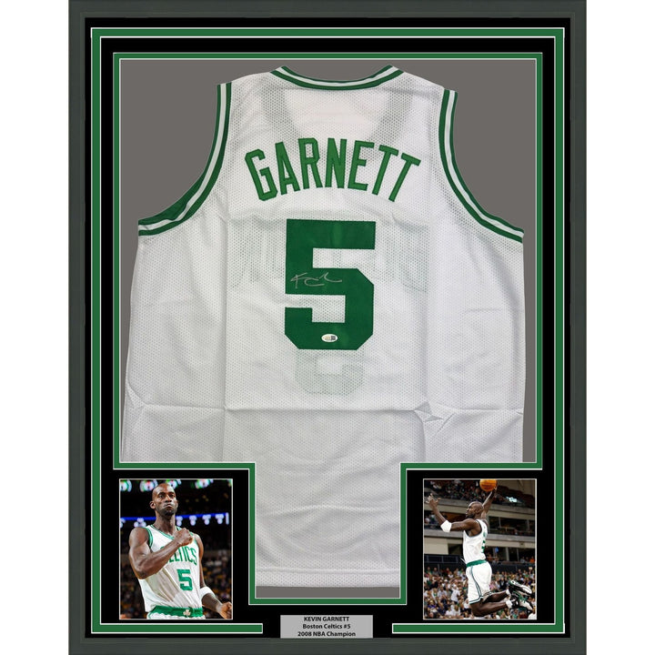 Framed Autographed/Signed Kevin Garnett 35x39 Boston White Jersey BAS COA