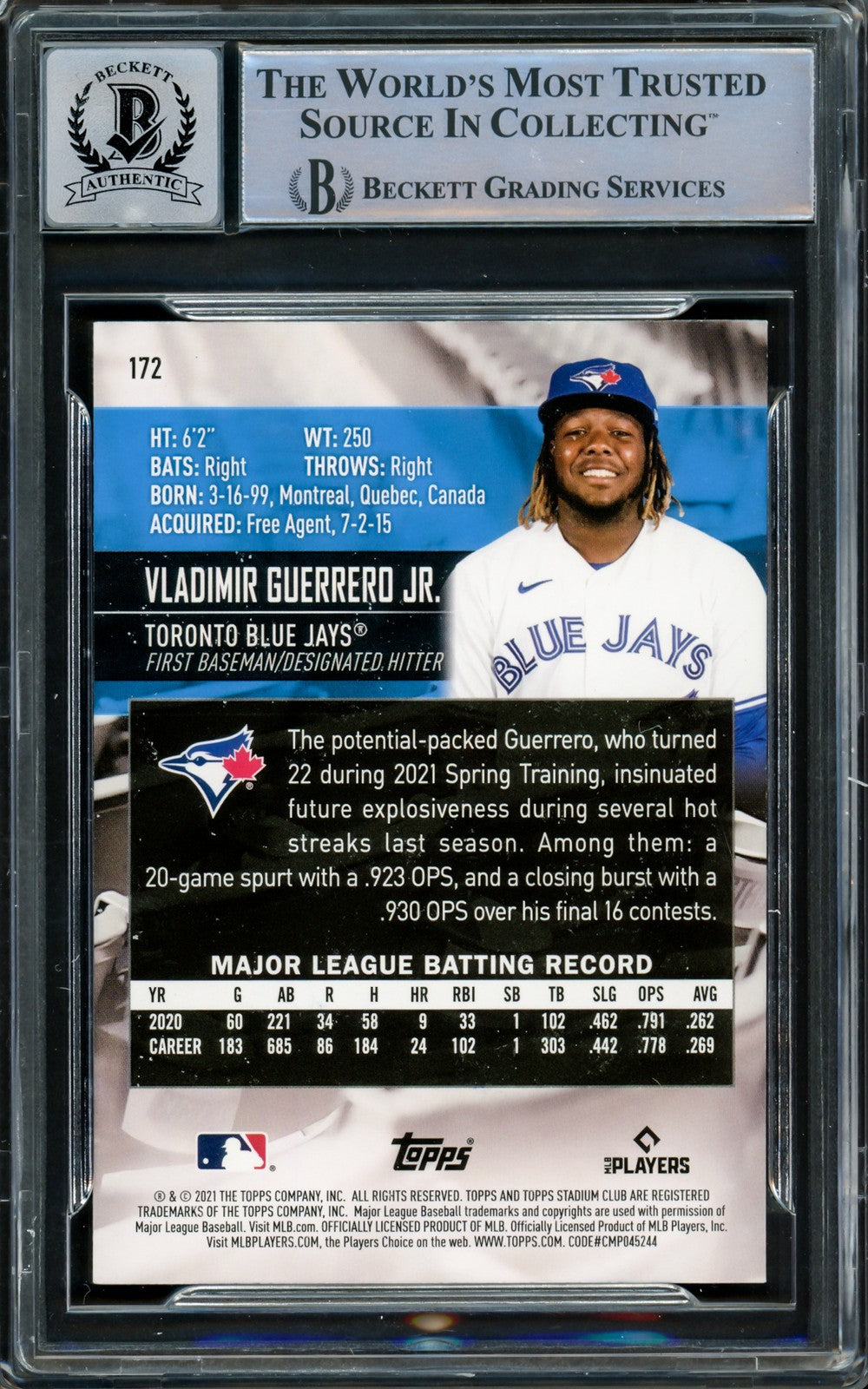 Vladimir Guerrero Jr. Signed 2021 Stadium Club Card #172 Toronto Blue Jays