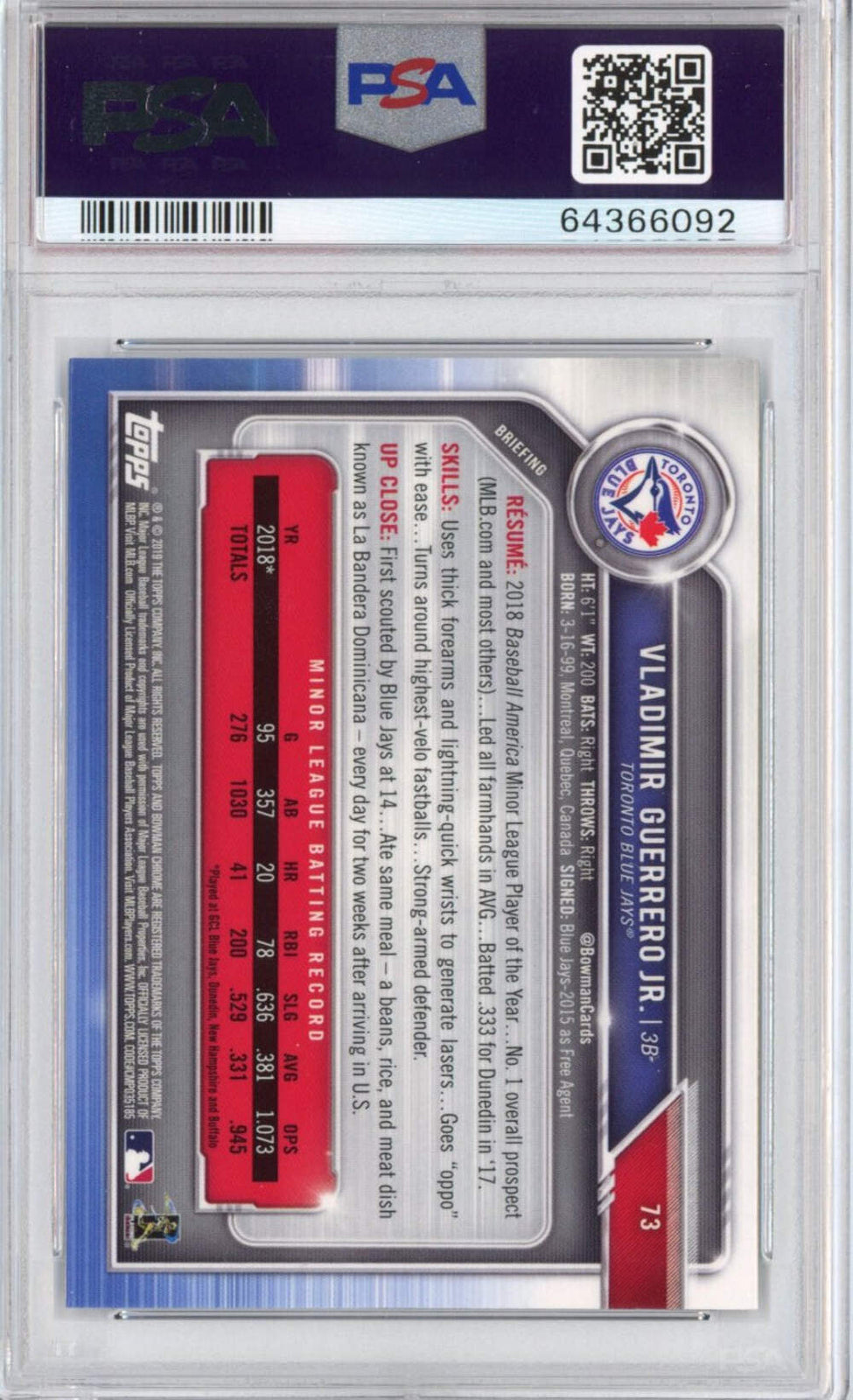Graded 2019 Bowman Chrome Vladimir Vlad Guerrero Jr. #73 Rookie RC Card PSA 10