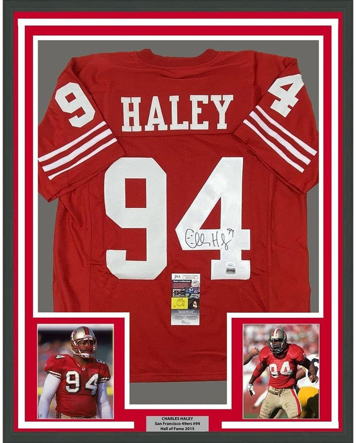 Framed Signed Charles Haley 35x39 San Francisco Red Jersey JSA COA