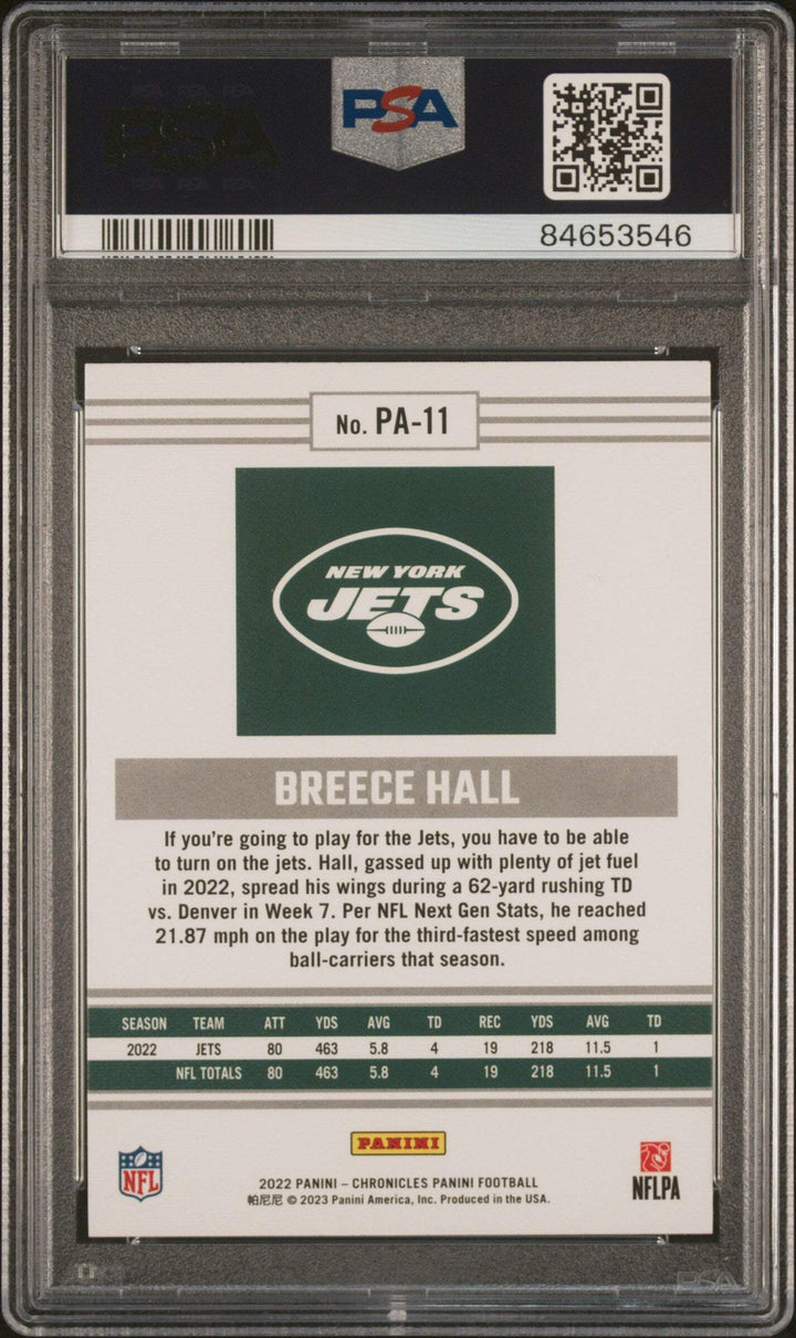 Graded 2022 Panini Chronicles Breece Hall #PA11 Panini RC Football Card PSA 10
