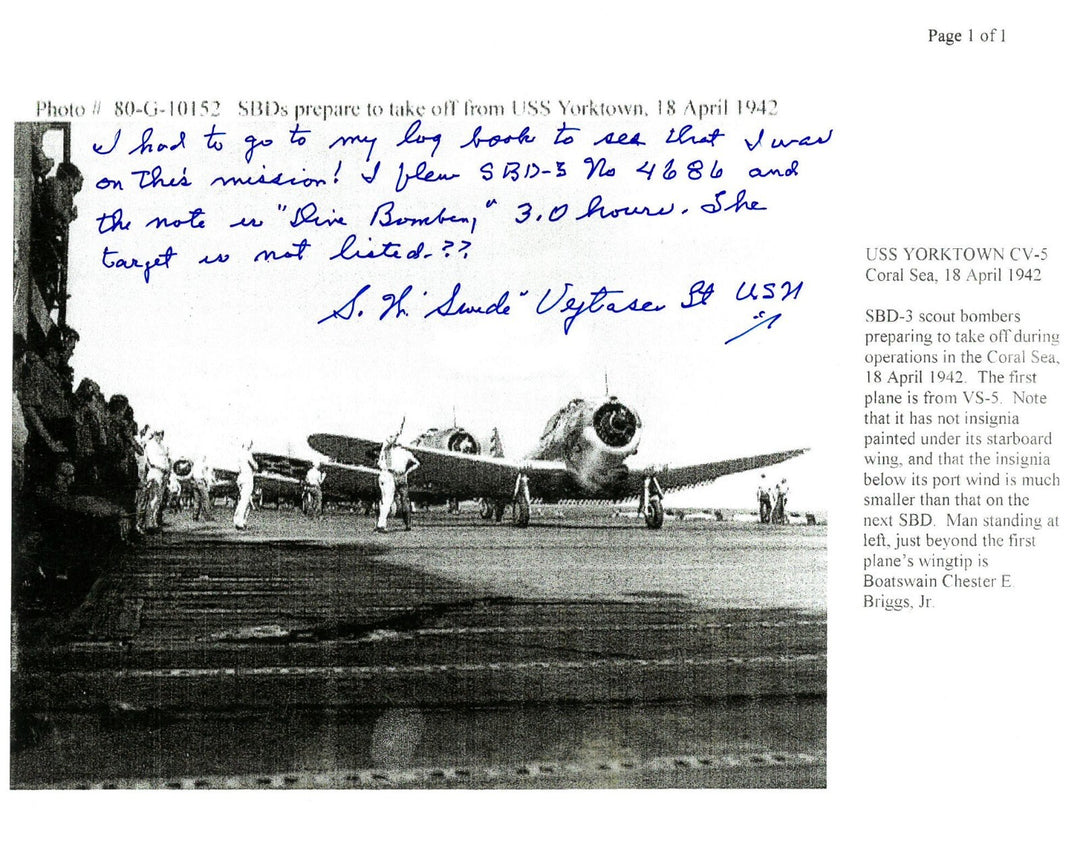 Stanley W. Swede Vejtasa signed 1942-43 WWll Ace Pilot 8x10 Photo Yorktown - PSA