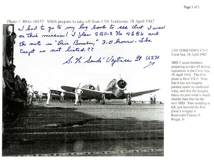 Stanley W. Swede Vejtasa signed 1942-43 WWll Ace Pilot 8x10 Photo Yorktown - PSA