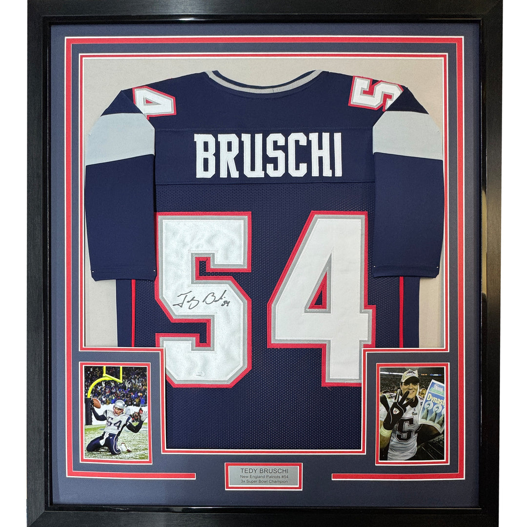 Framed Autographed/Signed Tedy Bruschi 33x42 New England Blue Jersey JSA COA