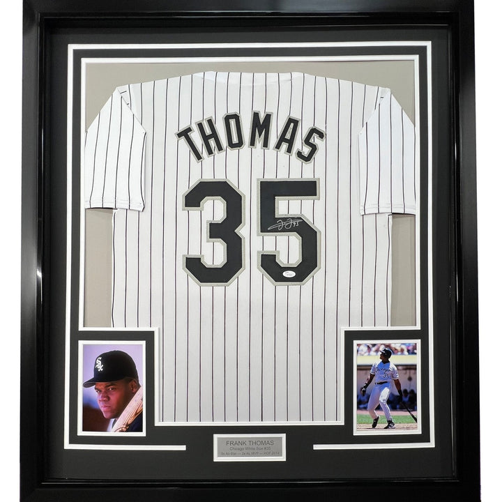 Framed Signed Frank Thomas 35x39 Chicago Pinstripe Jersey JSA COA
