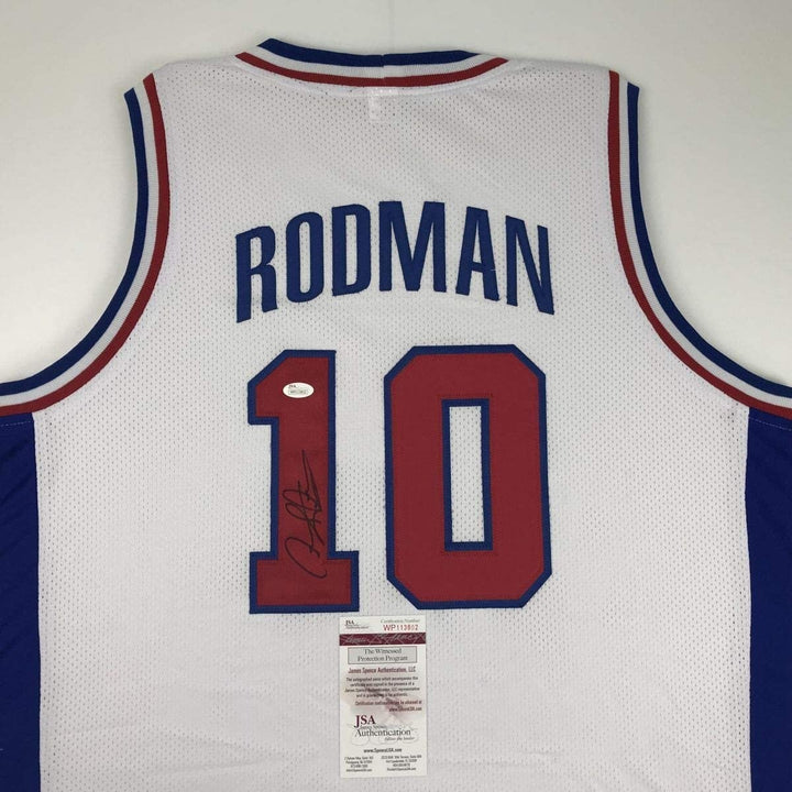 Autographed/Signed DENNIS RODMAN Detroit White Jersey JSA COA Auto
