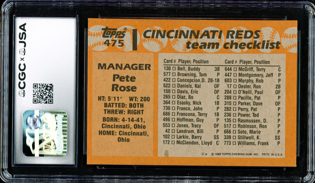 Pete Rose Autographed Signed 1988 Topps Card 475 Cincinnati Reds CGC x JSA