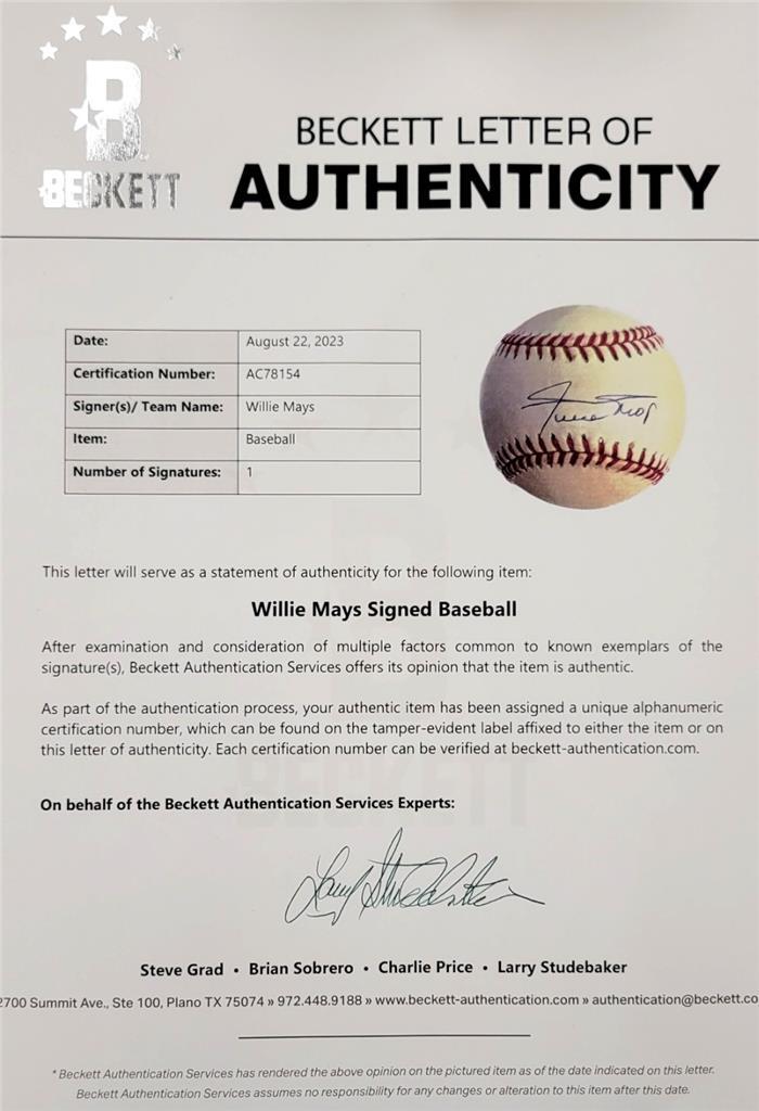 Willie Mays signed Official National NL Baseball autograph Giants ~ Beckett BAS