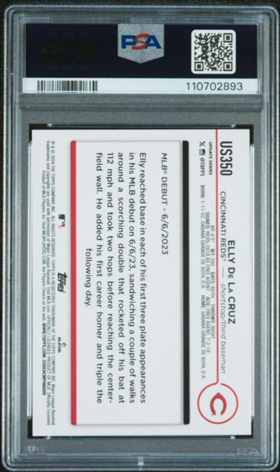 Graded 2024 Topps Update Elly De La Cruz #US350 Rookie RC Baseball Card PSA 10