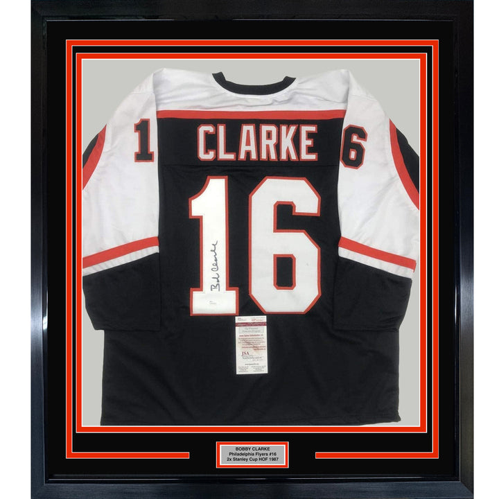 Framed Autographed/Signed Bob Bobby Clarke 35x39 Philadelphia Jersey JSA COA
