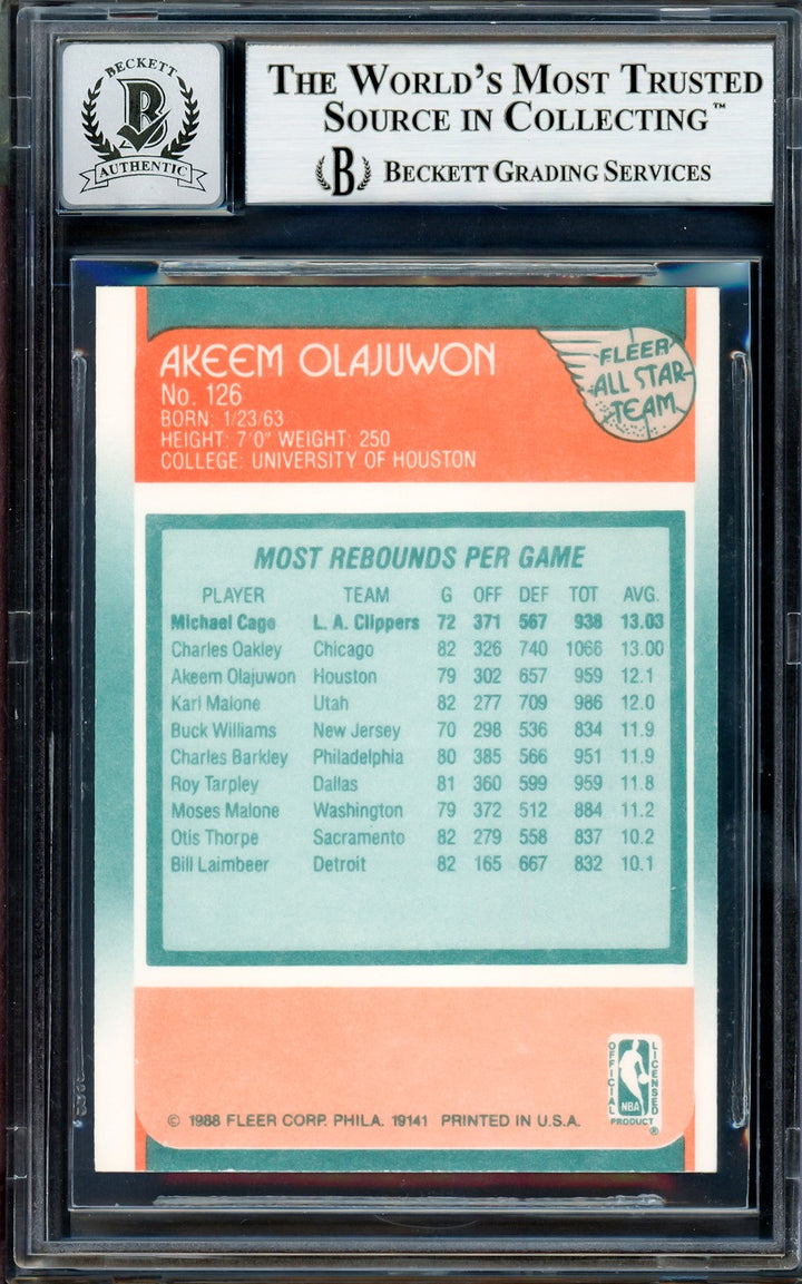 Hakeem Olajuwon Auto 1988-89 Fleer All Star Card 126 Rockets Auto GM 10 Beckett