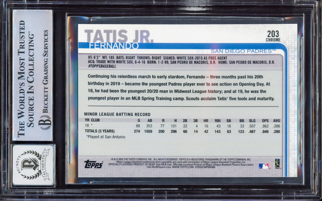 Fernando Tatis Jr. Auto 2019 Topps Chrome RC 203 Padres BGS 9 Auto GM 10 Beckett