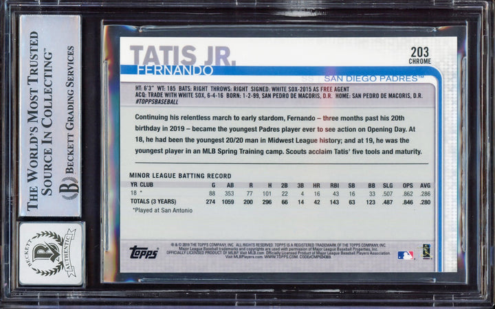 Fernando Tatis Jr. Auto 2019 Topps Chrome RC 203 Padres BGS 9 Auto GM 10 Beckett