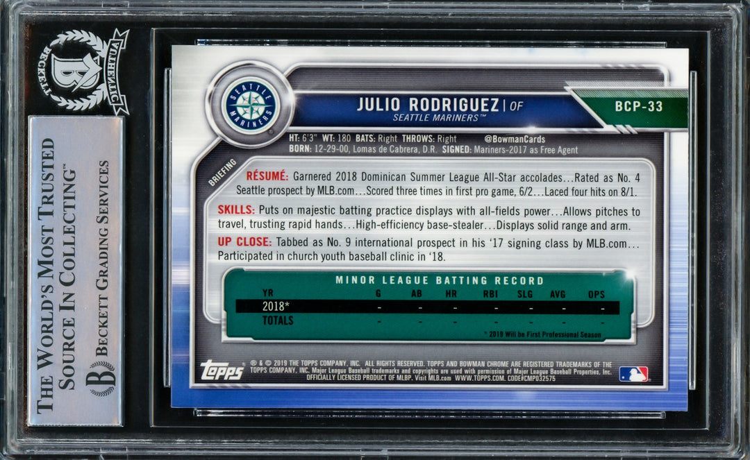Julio Rodriguez Signed 2019 Bowman Chrome Prospects RC BCP33 Mariners Beckett