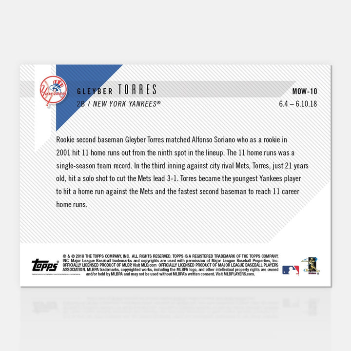 2018 GLEYBER TORRES FASTEST TO REACH 11 HR TOPPS MOMENT OF THE WEEK CARD #MOW-10