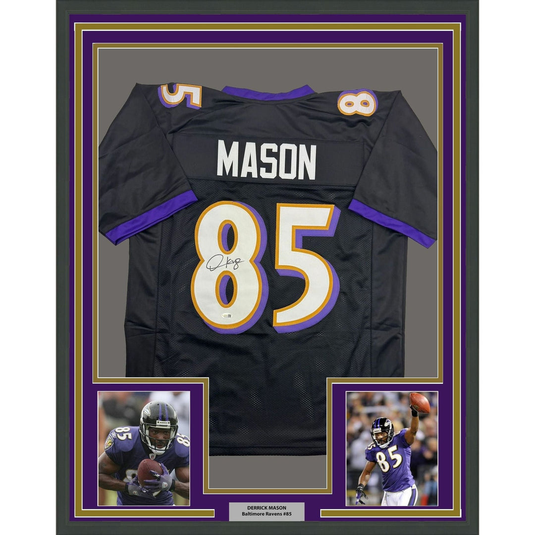 Framed Autographed/Signed Derrick Mason 35x39 Black Jersey Beckett BAS COA