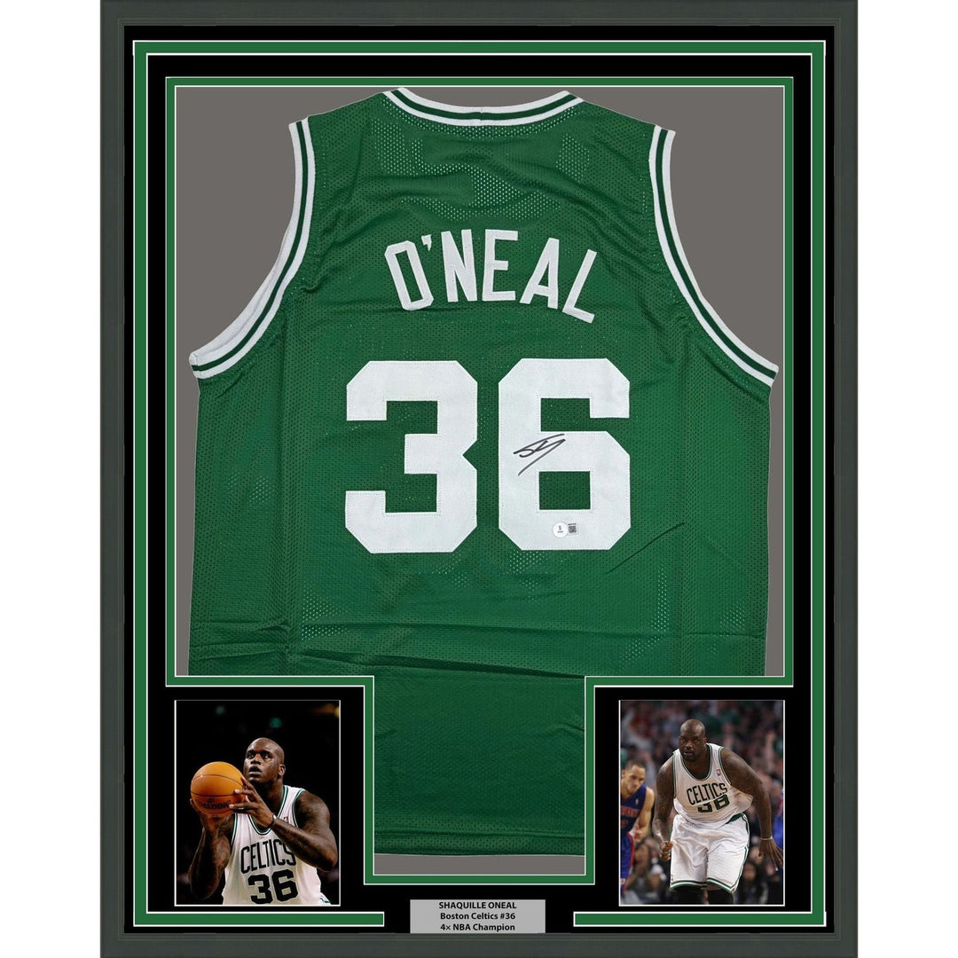 Framed Signed Shaquille Shaq O'Neal 35x39 Boston Green Jersey Beckett COA