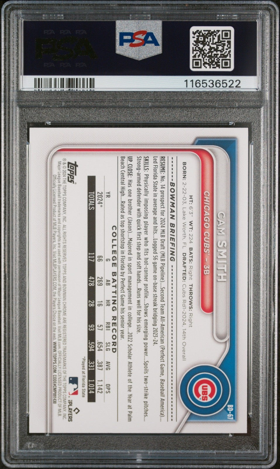 Graded 2024 Topps Bowman Draft Cam Smith #BD67 Rookie RC Card PSA 10