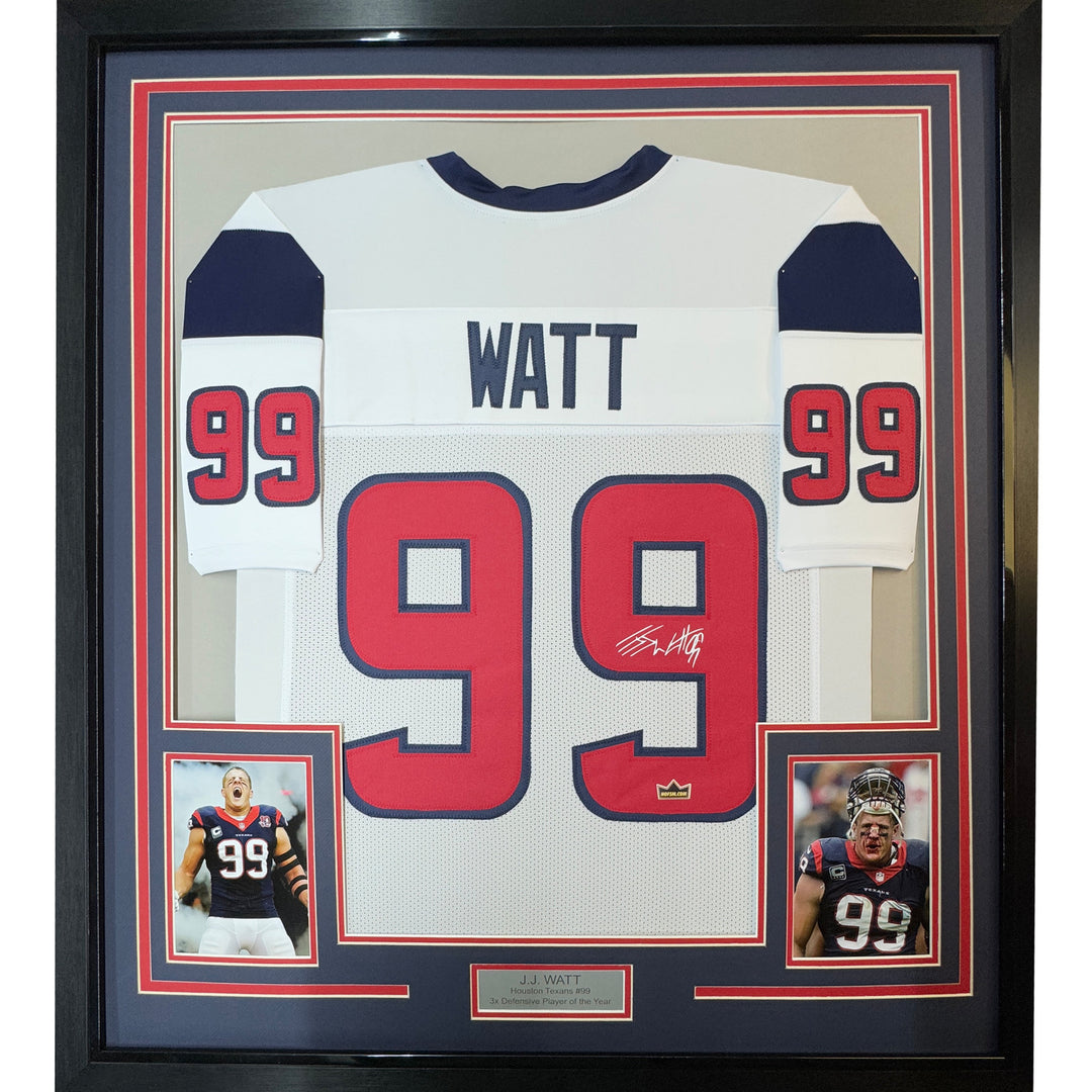 Framed Facsimile Autographed JJ J.J. Watt 33x42 White Reprint Laser Auto Jersey