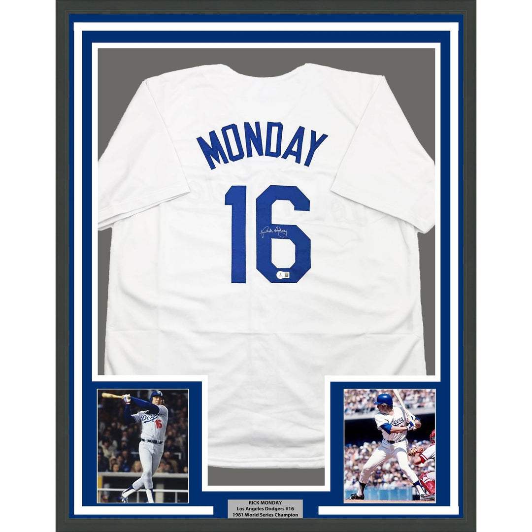 Framed Autographed/Signed Rick Monday 35x39 Los Angeles LA White Jersey COA