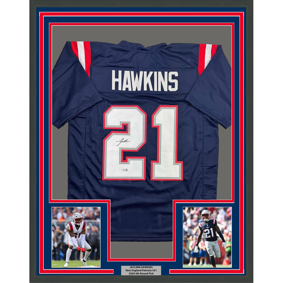 Framed Autographed/Signed Jaylinn Hawkins 35x39 New England Blue Jersey BAS COA