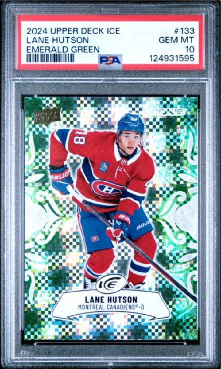 Graded 2024 Upper Deck Ice Lane Hutson #133 Emerald Green Rookie RC Card PSA 10