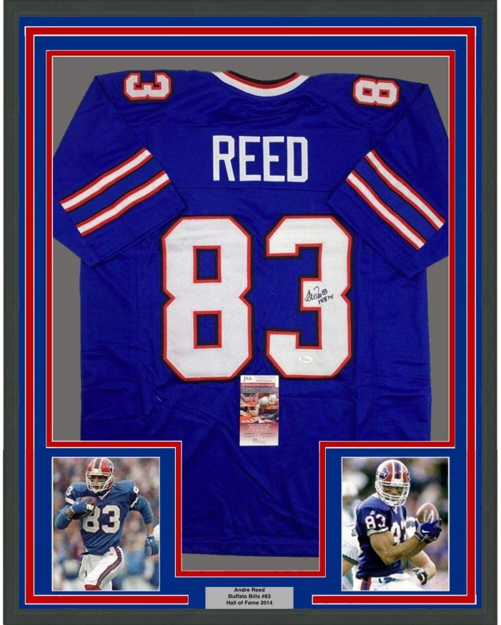 FRAMED Autographed/Signed ANDRE REED HOF 14 33x42 Buffalo Blue Jersey JSA COA
