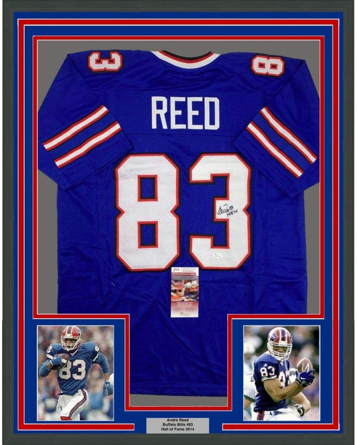 FRAMED Autographed/Signed ANDRE REED HOF 14 33x42 Buffalo Blue Jersey JSA COA