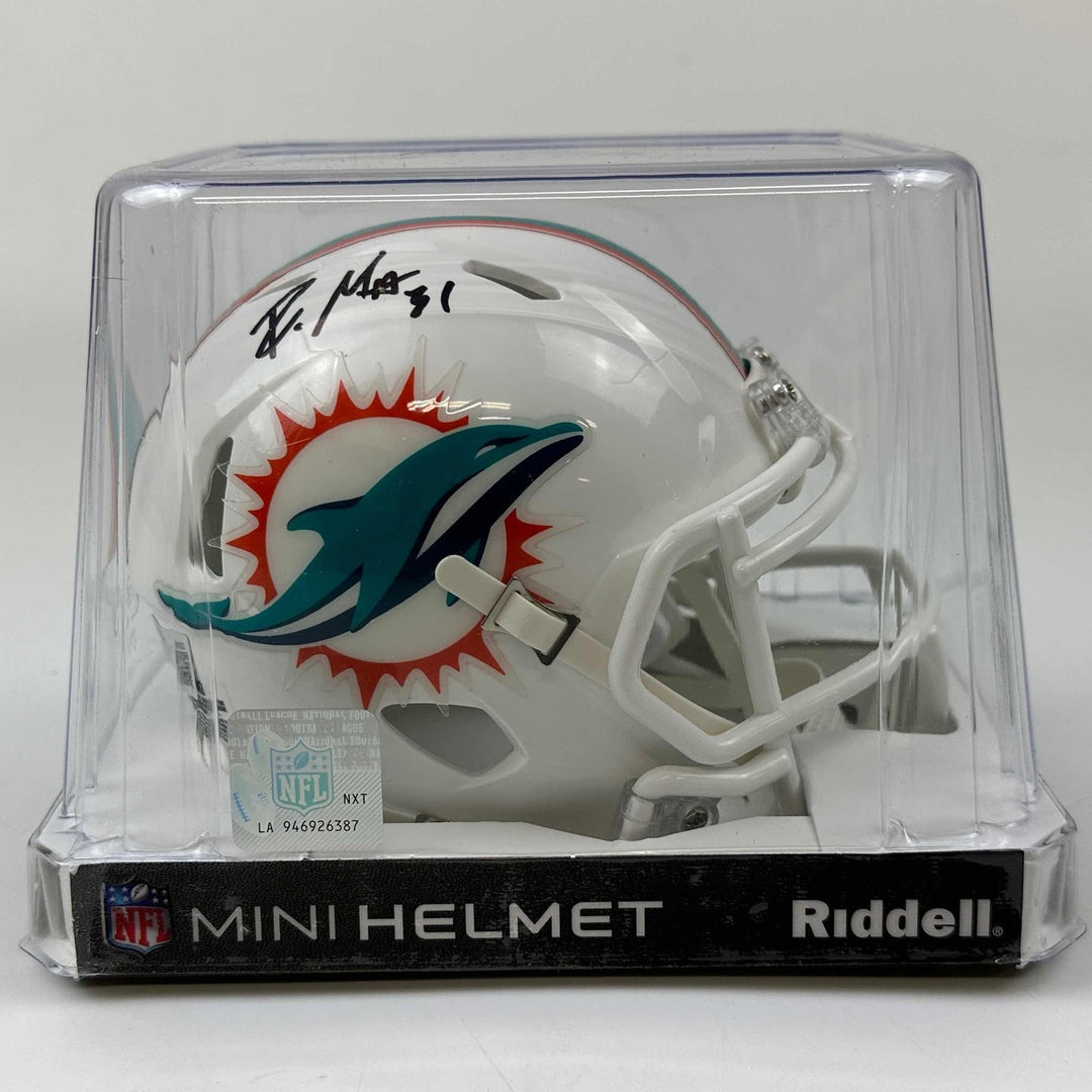 Autographed/Signed Raheem Mostert Dolphins Mini Helmet Beckett BAS COA