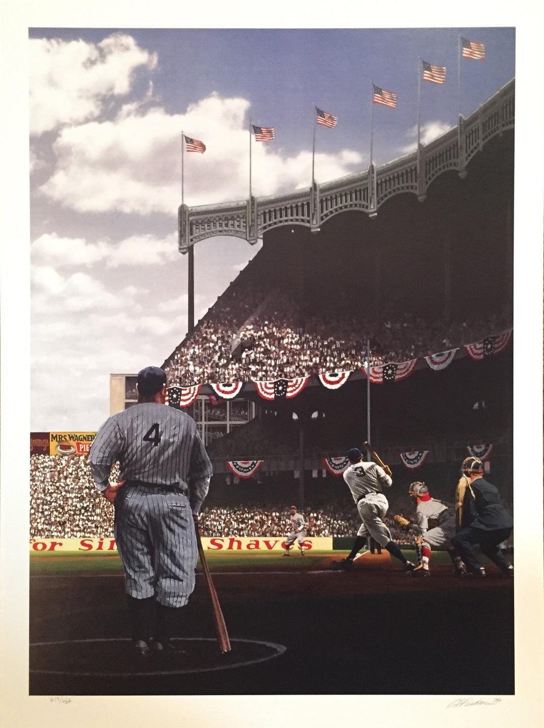 Babe Ruth Lou Gehrig Yankee Stadium 1927 WS Litho Framed LE Bill Purdom Signed