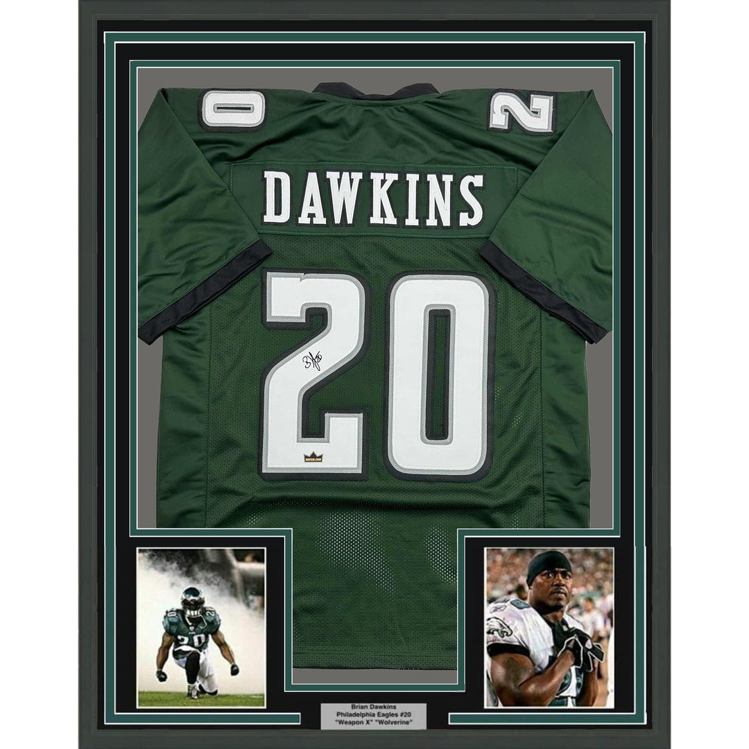 Framed Facsimile Autographed Brian Dawkins 35x39 Green Reprint Laser Auto Jersey