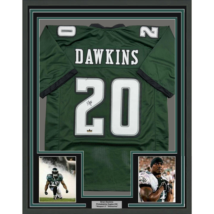 Framed Facsimile Autographed Brian Dawkins 35x39 Green Reprint Laser Auto Jersey