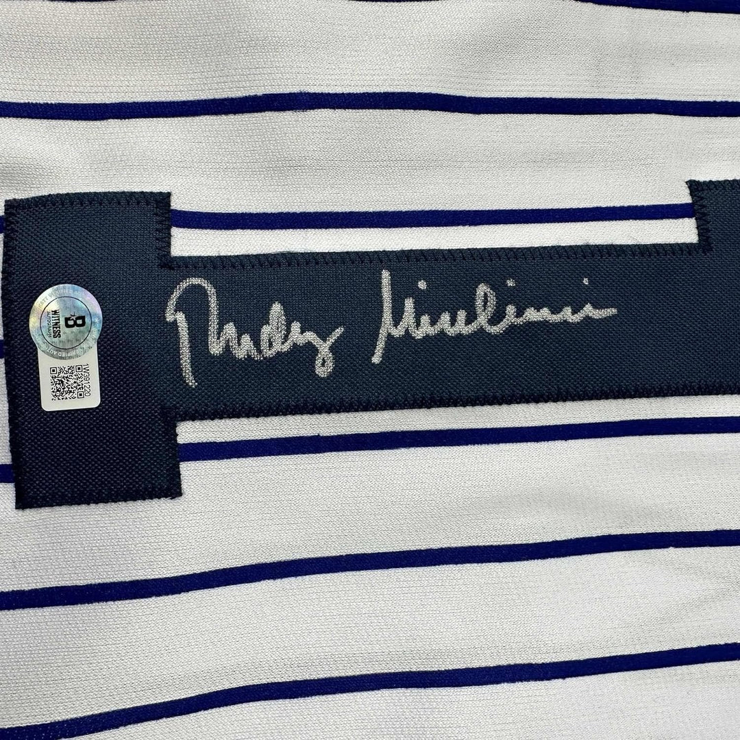 Framed Autographed/Signed Rudy Giuliani 35x39 New York Pinstripe Jersey COA