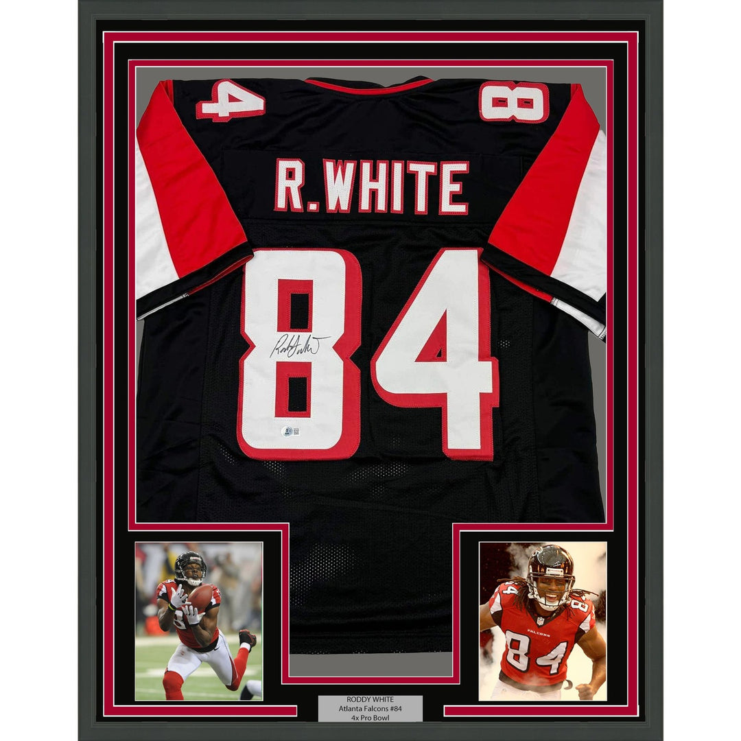 Framed Autographed/Signed Roddy White 35x39 Atlanta Black Jersey BAS COA