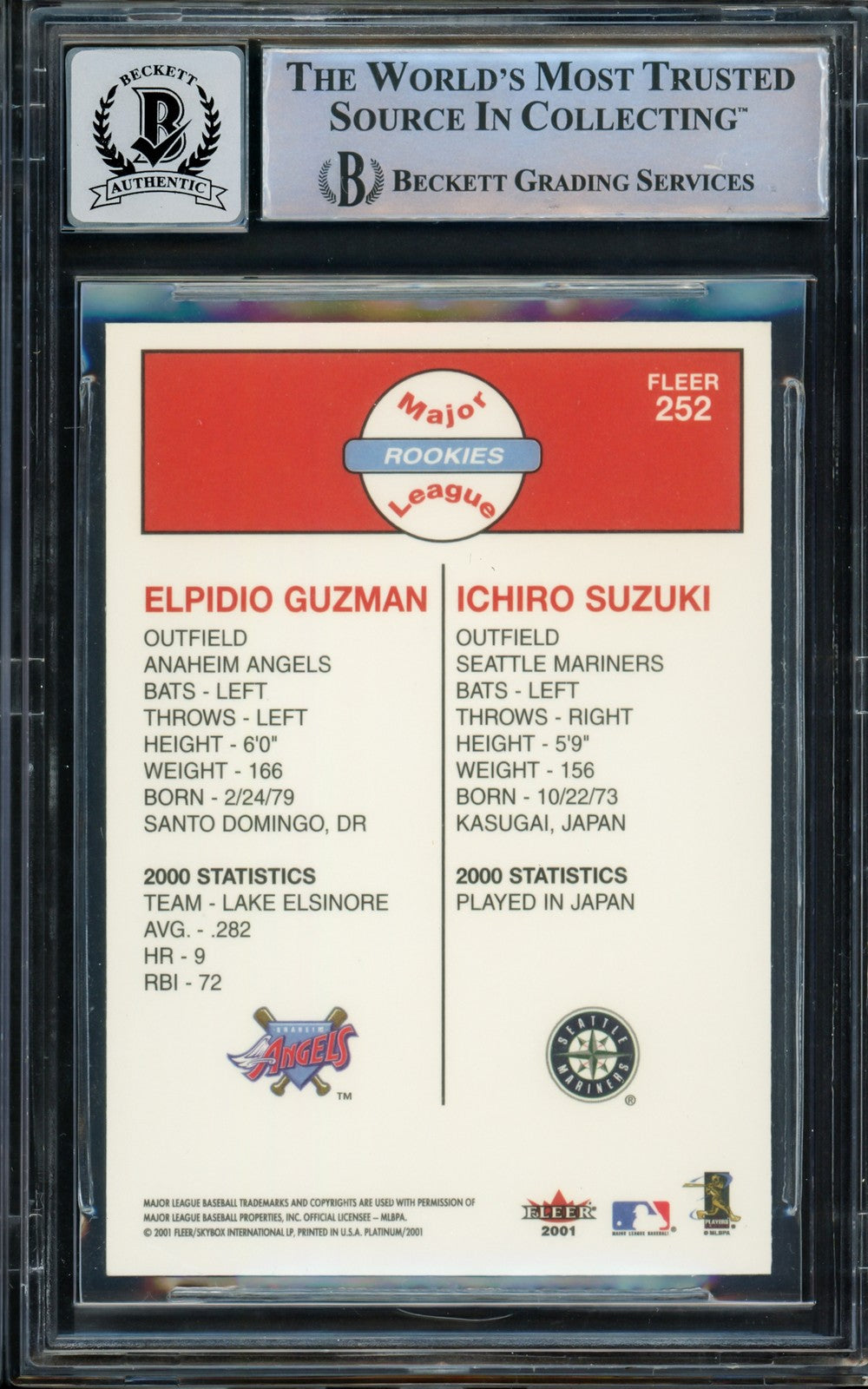 Ichiro Suzuki Signed 2001 Fleer Platinum RC 252 Mariners Auto GM 10 Beckett
