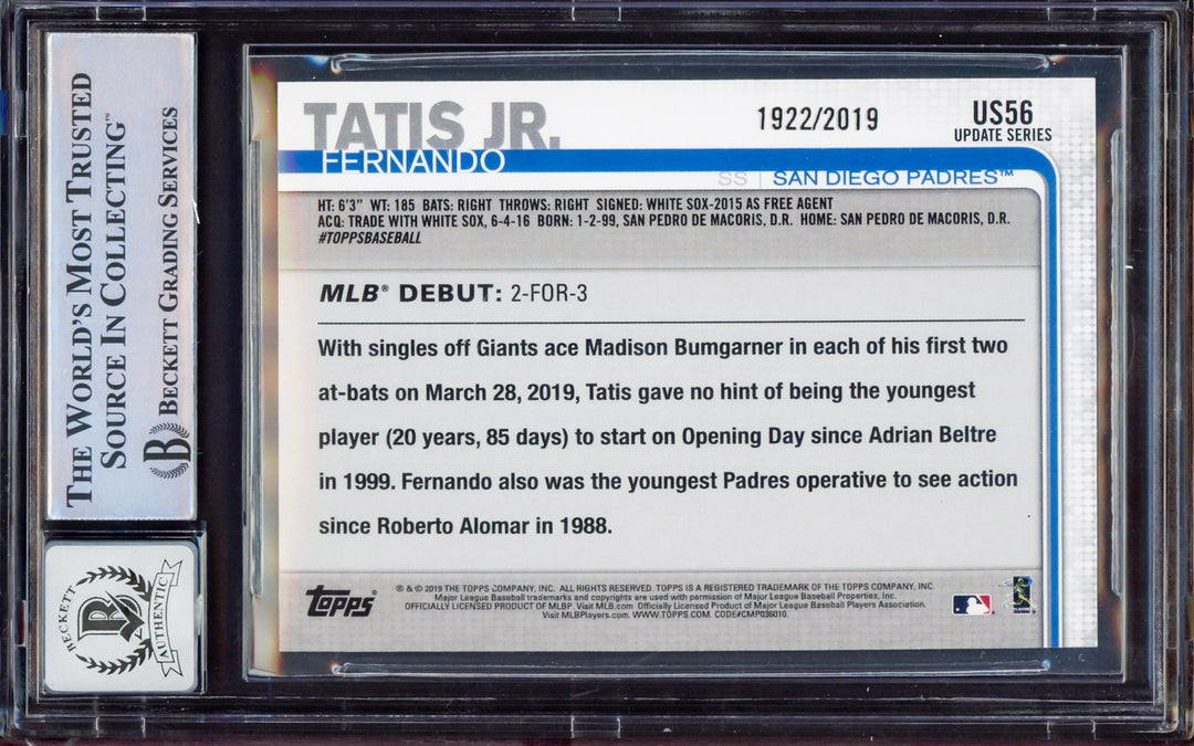 Fernando Tatis Jr. Signed 2019 Topps Update Gold RC US56 BGS 9 Sig 10 Beckett