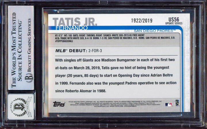 Fernando Tatis Jr. Signed 2019 Topps Update Gold RC US56 BGS 9 Sig 10 Beckett