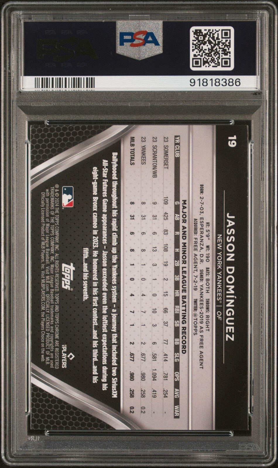 Graded 2024 Topps Chrome Black Jasson Dominguez #19 Rookie Baseball Card PSA 10