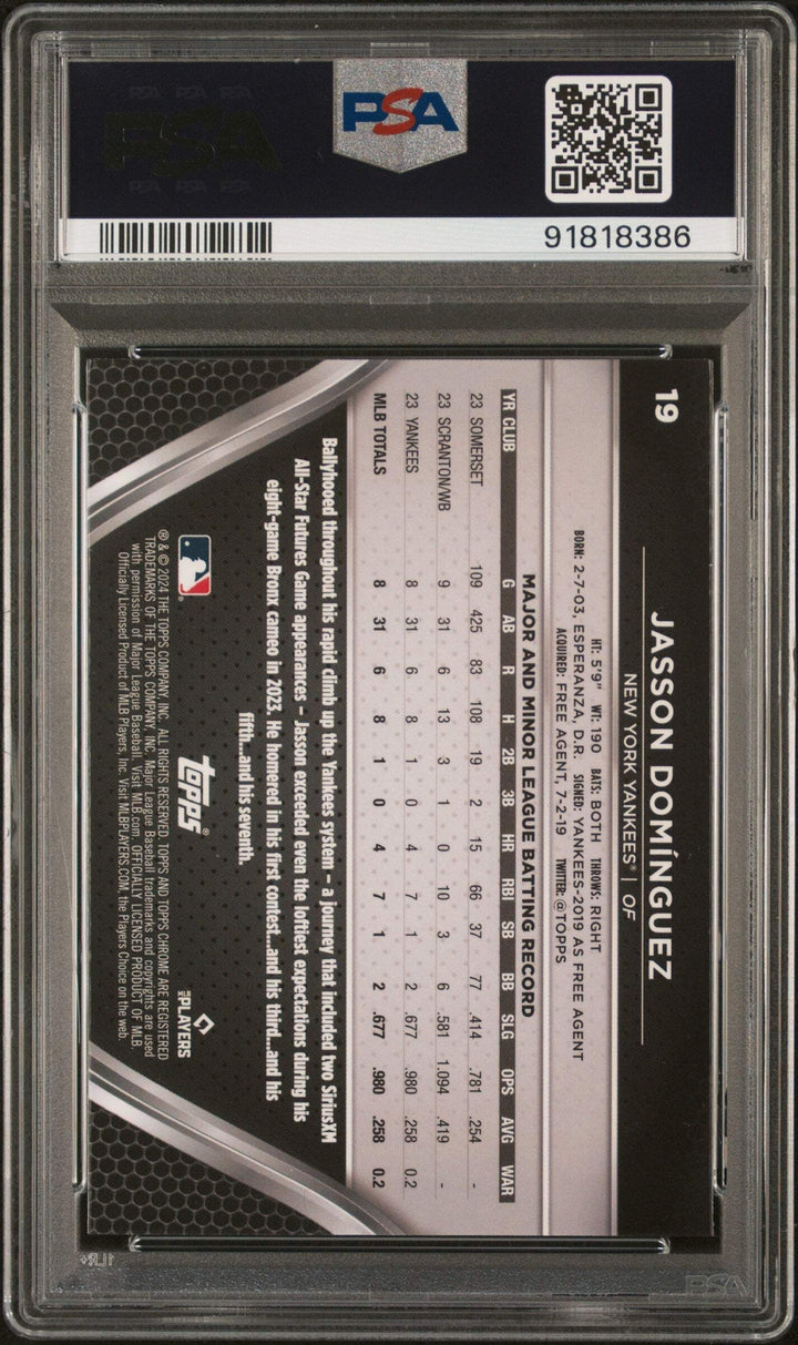 Graded 2024 Topps Chrome Black Jasson Dominguez #19 Rookie Baseball Card PSA 10